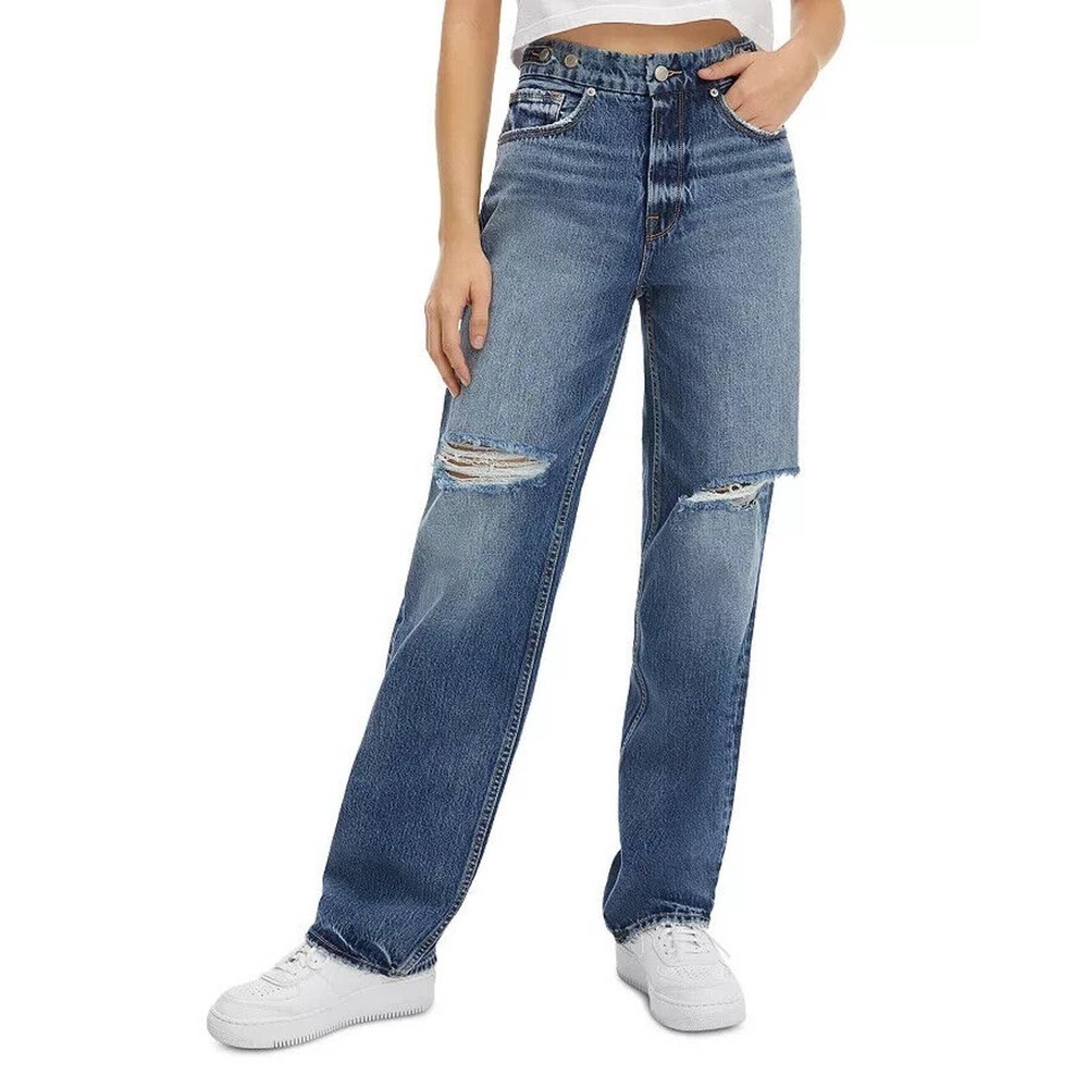 Good American Womens 28 Good 90's High Rise Straight Leg Blue Distressed Jeans